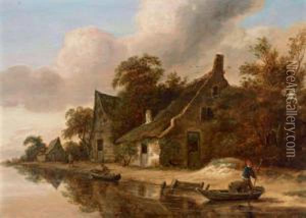 Case Di Contadini Lungo Un Fiume Con Pescatori Oil Painting - Roelof van Vries