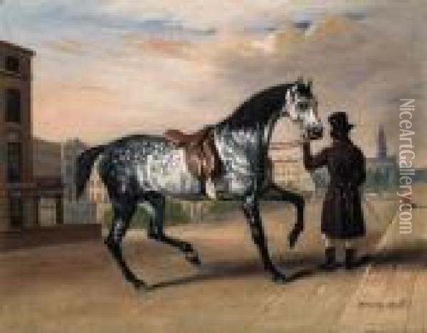 A Dappled Grey Horse Held By A Gentleman On The Maryleboneroad Oil Painting - John Snr Ferneley