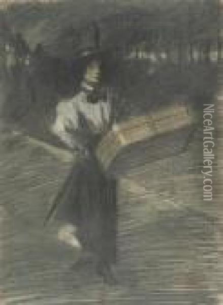 Girl With A Suitcase Oil Painting - Theophile Alexandre Steinlen