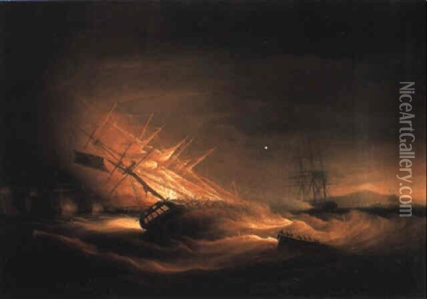 H.m.s. Lively Ablaze Off Rota Point, Cadiz, 12 April 1798 Oil Painting - William John Huggins