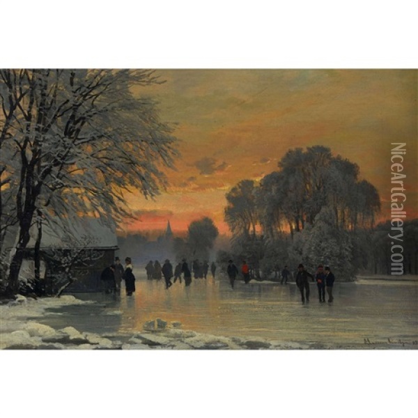 Eisvergnugen Im Abendrot Oil Painting - Anders Andersen-Lundby