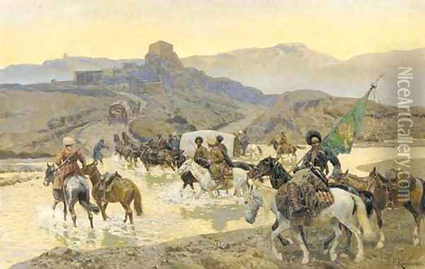 Circassian cavalry fording a stream Oil Painting - Franz Roubaud