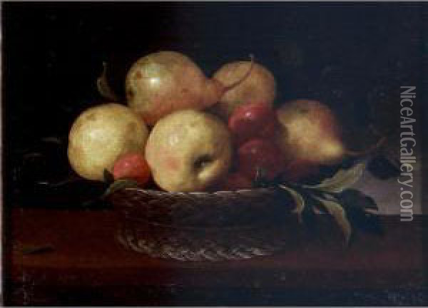 Still Life Of Pears, Plums, And Apples In A Basket Resting On A Ledge Oil Painting - Pedro de Camprobin