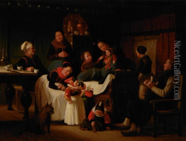 Besog Hos Den Nydobte Af Sma Faetre Of Kusiner Oil Painting - Johann Julius Exner