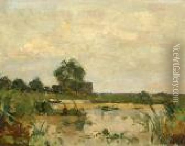 View Of Water And Reeds With A House In The Background Oil Painting - Louis, Lodewijk Ph. Stutterheim