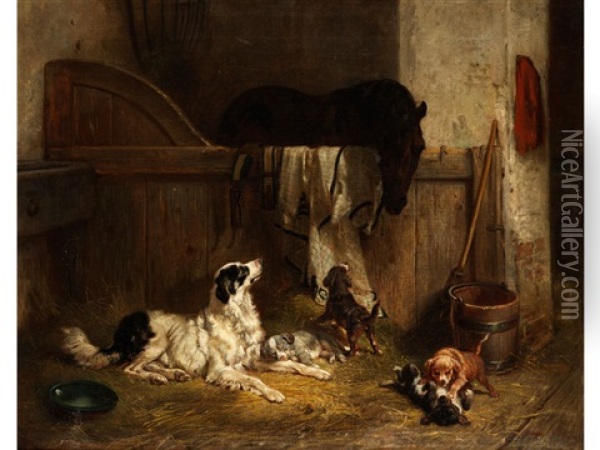 Stall Mit Pferd Und Hundefamilie Oil Painting - Benno Raffael Adam