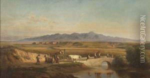 Italian Landscape Withfigures Crossing A Bridge Oil Painting - Virgil Williams