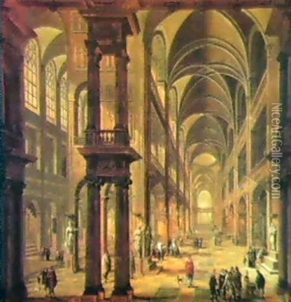 An Imaginary Church Interior With Figures Oil Painting - Bartholomeus Van Bassen