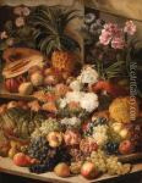 An Opulent Still Life Of Flowers, Fruit And A Parrot Oil Painting - Leopold Stoll