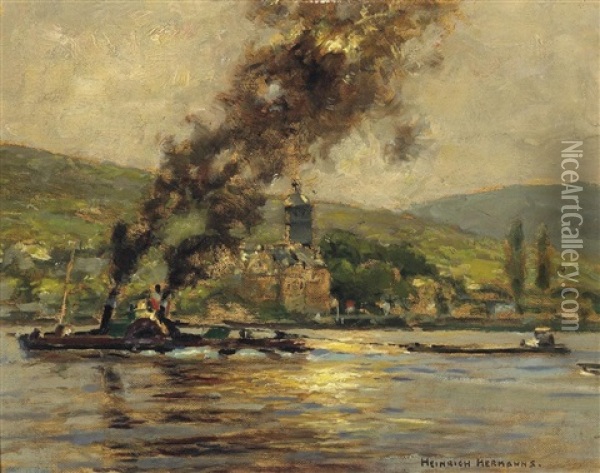 Schleppkahn Auf Dem Rhein Oil Painting - Heinrich Hermanns