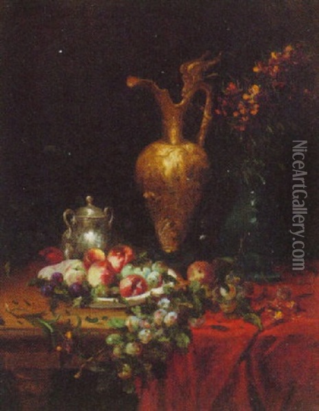 Brass And Silver Jugs Standing Next To An Overflowing Bowl Of Peaches, Plums And Apples On A Table Oil Painting - Alfred Rouby