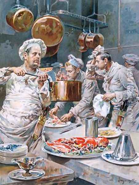 In the Kitchen preparations for Christmas Eve dinner in a Paris restaurant from LIllustration December 1893 Oil Painting - G. Marchetti