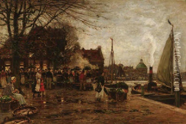 Gemusemarkt An Einem Kanal In Amsterdam Oil Painting - Heinrich Hermanns