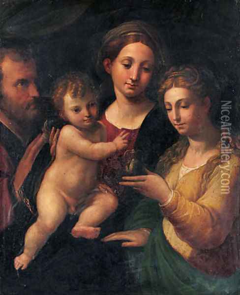 The Holy Family with Saint Mary Magdalen Oil Painting - Bartolomeo Ramenghi (Bagnacavallo)