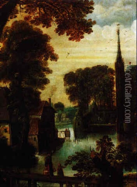 Blick Uber Einen Steg Auf Bauernhauser Und Ein Wasserschloss Mit Renaissancegarten Oil Painting - Jacques Van Der Wyhen