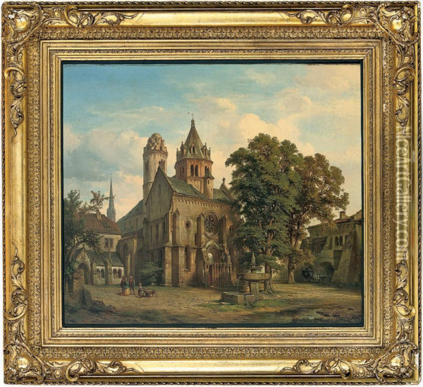 Figures Before A Church Oil Painting - Albert Emil Kirchner