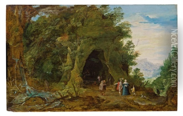 Gebirgslandschaft Mit Andacht In Einer Felsgrotte Oil Painting - Joos de Momper the Younger