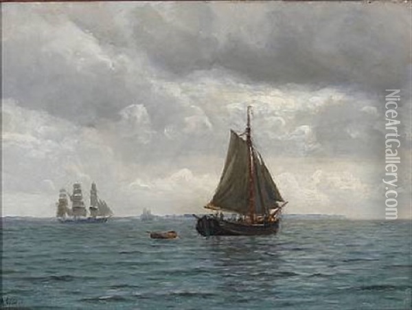 Seascape With Sailing Ships On A Calm Sea Oil Painting - Holger Luebbers