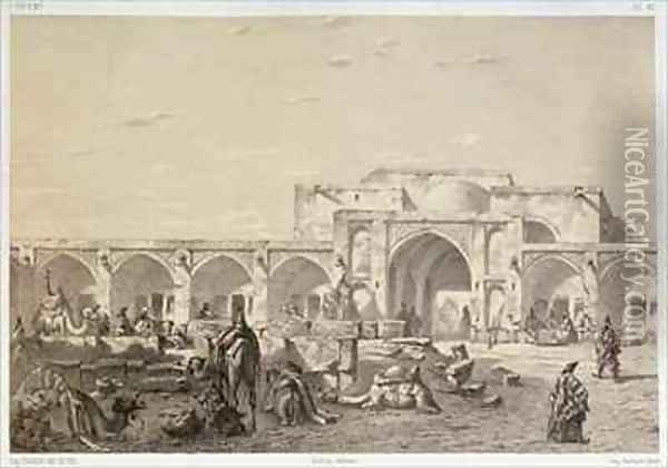 Caravanserai on the road from Isfahan to Shiraz Oil Painting - Eugene Napoleon Flandin