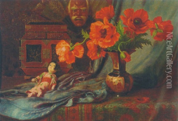 Still Life With Poppies In A Vase And A Japanese Doll Oil Painting - Edward van Ryswyck