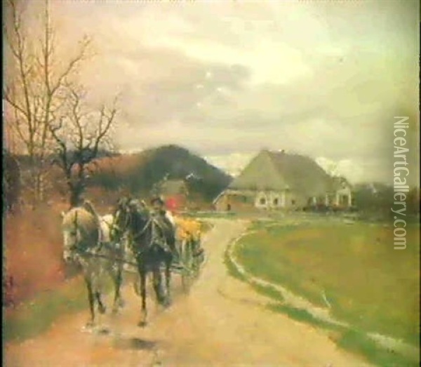 Pferdefuhrwerk Vor Einem Gehoft Oil Painting - Hermann Reisz