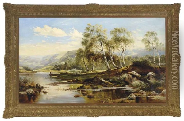 Fisherman In A River Landscape Oil Painting - James Poole
