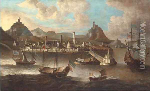 Mediterranean galeasses and an English man-o'war off a fortified Levantine port Oil Painting - Peter van den Velde
