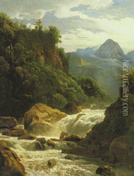 Bergbach Mit Bewaldeten Felsufern Und Einem Hohen Gebirgsmassiv In Der Ferne Oil Painting - Johann Wilhelm Schirmer