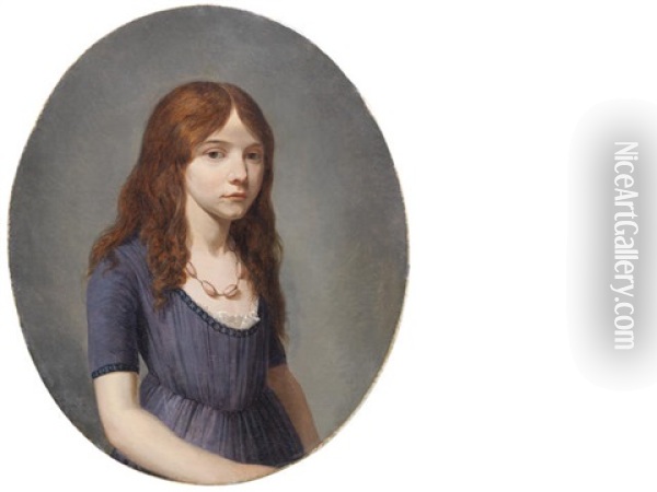 Portrait Of A Young Girl, Half-length, In A Blue Dress And Rosequartz Necklace Oil Painting - Francois Duval