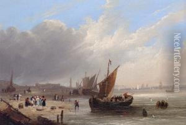 Shipping Off A Harbour Entrance; Unloading The Catch Oil Painting - Philip Dawe