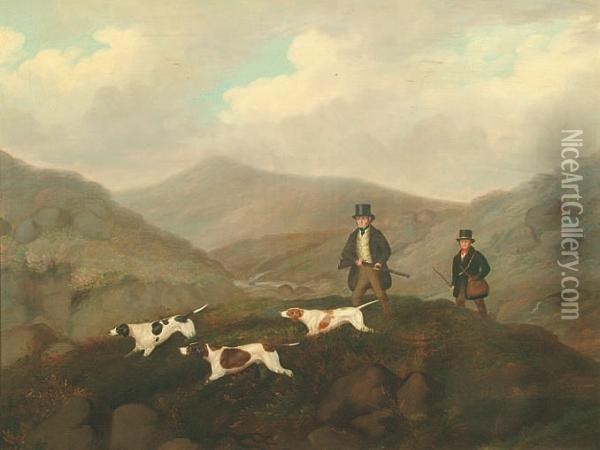 A Highland Shooting Scene With Pointers And Gentlemen Oil Painting - Charles Henry Schwanfelder