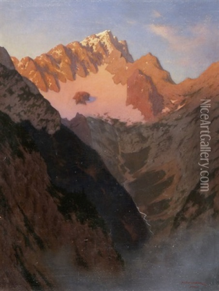Sonnenaufgang Im Hollenthal An Der Zugspitze (aussicht Vom Hupfleitenjoch) Oil Painting - August Wilhelm Dieffenbacher