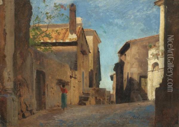 Italienische Dorfstrasse Oil Painting - Oswald Achenbach