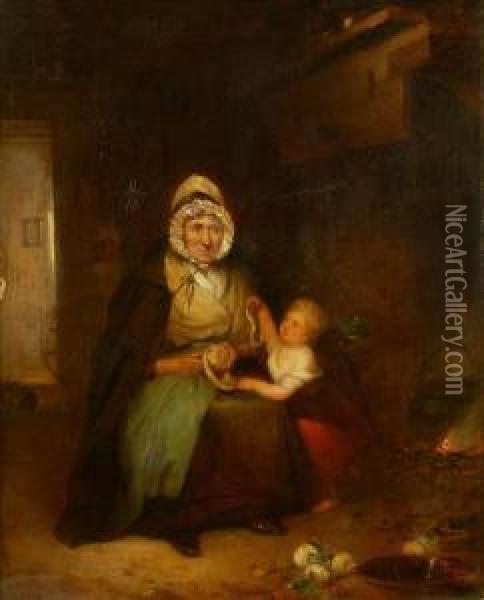 Cottage Interior, With Grandmother And Child Oil Painting - William Mulready