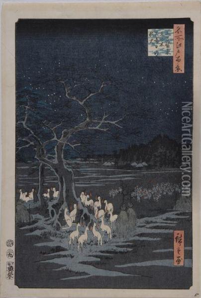 Foxfires From 100 Views Of Edo Oil Painting - Tokubei Iii Hiroshigeando
