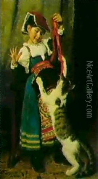 Lille Italiensk Pige Leger                                  Med Sin Kat. 1880 Oil Painting - Peder Severin Kroyer