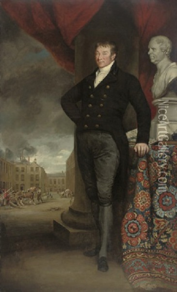 Portrait Of A Gentleman, In A Black Coat And Breeches, Standing By A Column Oil Painting - Henry William Pickersgill