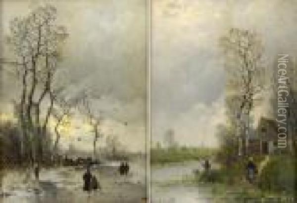 Zwei Gemalde. Winterliche Fluslandschaft. Sommerlichefluslandschaft. Oil Painting - Johann Jungblutt