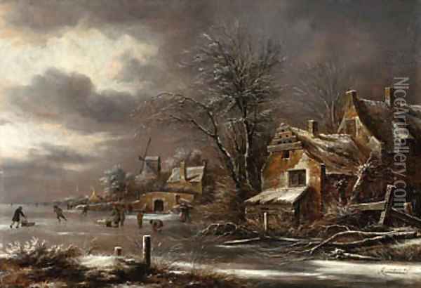 A winter landscape with skaters on a frozen river by a village Oil Painting - Claes Molenaar (see Molenaer)