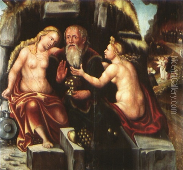 Lot Und Seine Tochter, Im Hintergrund Das Brennende Sodom Oil Painting - Lucas Cranach the Younger