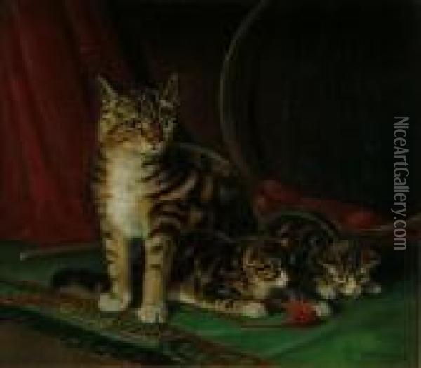 A Tabby With Kittens And A Ball Of Wool Oil Painting - William Arnold Woodhouse