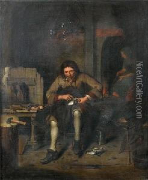 An Interior With A Cobbler At Work Oil Painting - Pieter Gerritsz. van Roestraten
