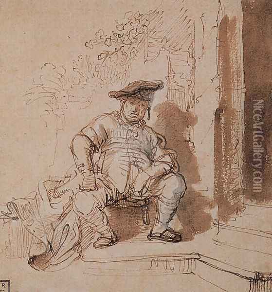 Seated Man Wearing a Flat Cap Oil Painting - Rembrandt Van Rijn