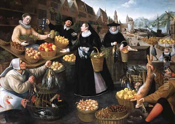 An Allegory of Autumn a fruit and vegetable stall above the Weinmarkt in Frankfurt am Main Oil Painting - Lucas van Valckenborch