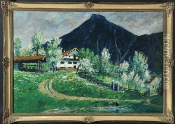 Hof Mit Bluhenden Obstbaumen Und Frauen Am Gartenzaun Vor Berggipfel Oil Painting - Ludwig Von Senger