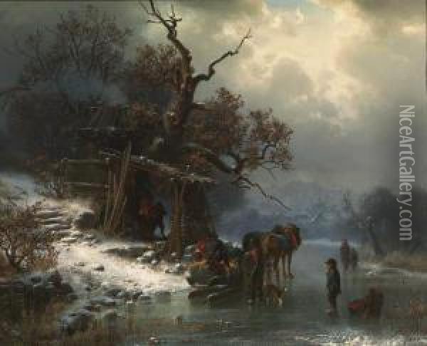 A Winter Landscape With Figures On A Frozen River Oil Painting - Heinrich Hofer