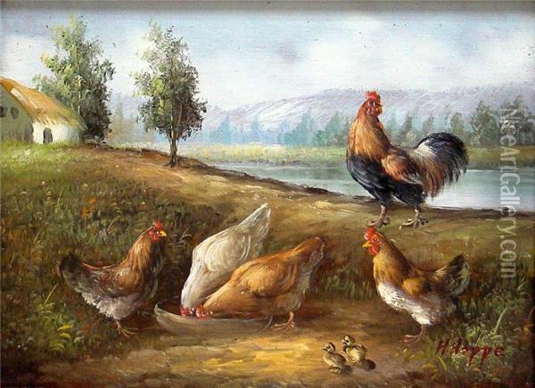 Huhner Am Seeufer Oil Painting - H.W. Hoppe