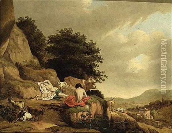 An Arcadian Landscape With A Nymph And A Shepherd Resting Together With Goats And A Cow Oil Painting - Cornelis Van Poelenburgh