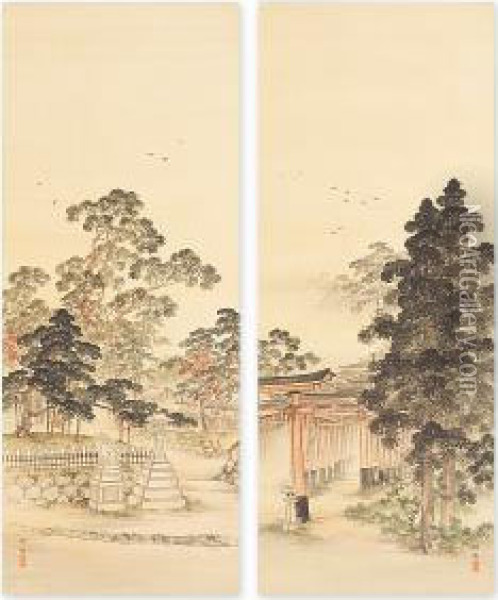 Inari Shrine In Early Spring, Kitano Shrine In Late Fall Oil Painting - Kono Bairei