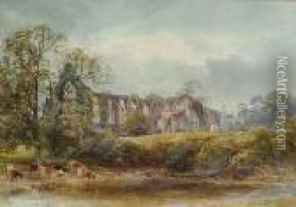 Cattle Watering By A Ruined Abbey Oil Painting - James Stephen Gresley